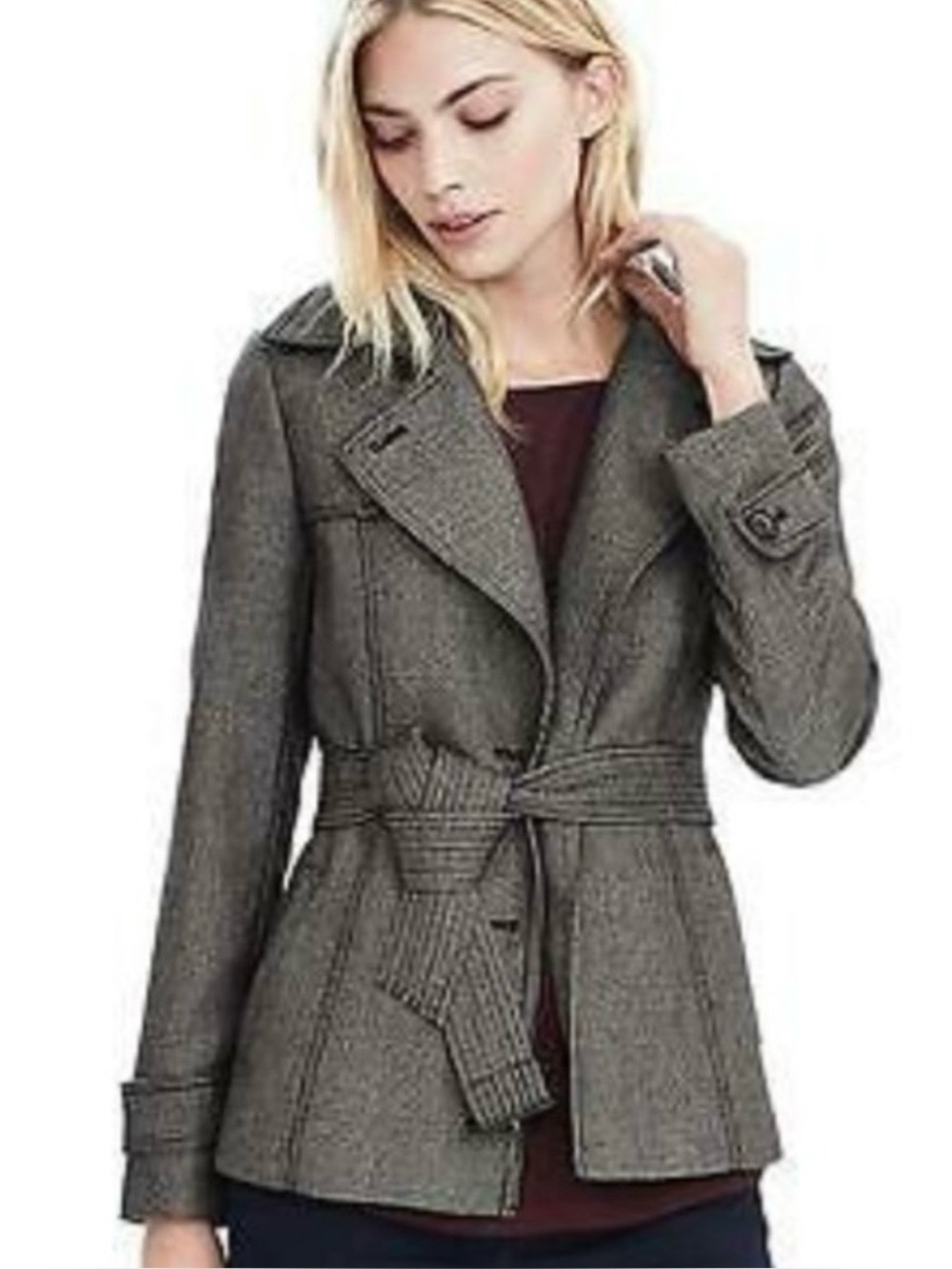 Banana Republic Herringbone Short Trench Coat Jacket Belted Gray Tweed NWOT 8